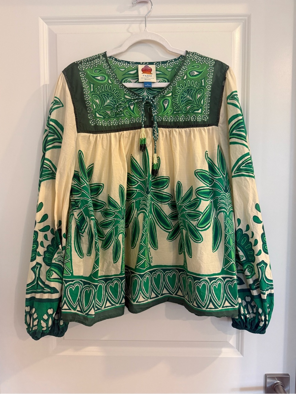 FARM Rio Palm Tree Print Long Sleeve Blouse-Beaded Tassels